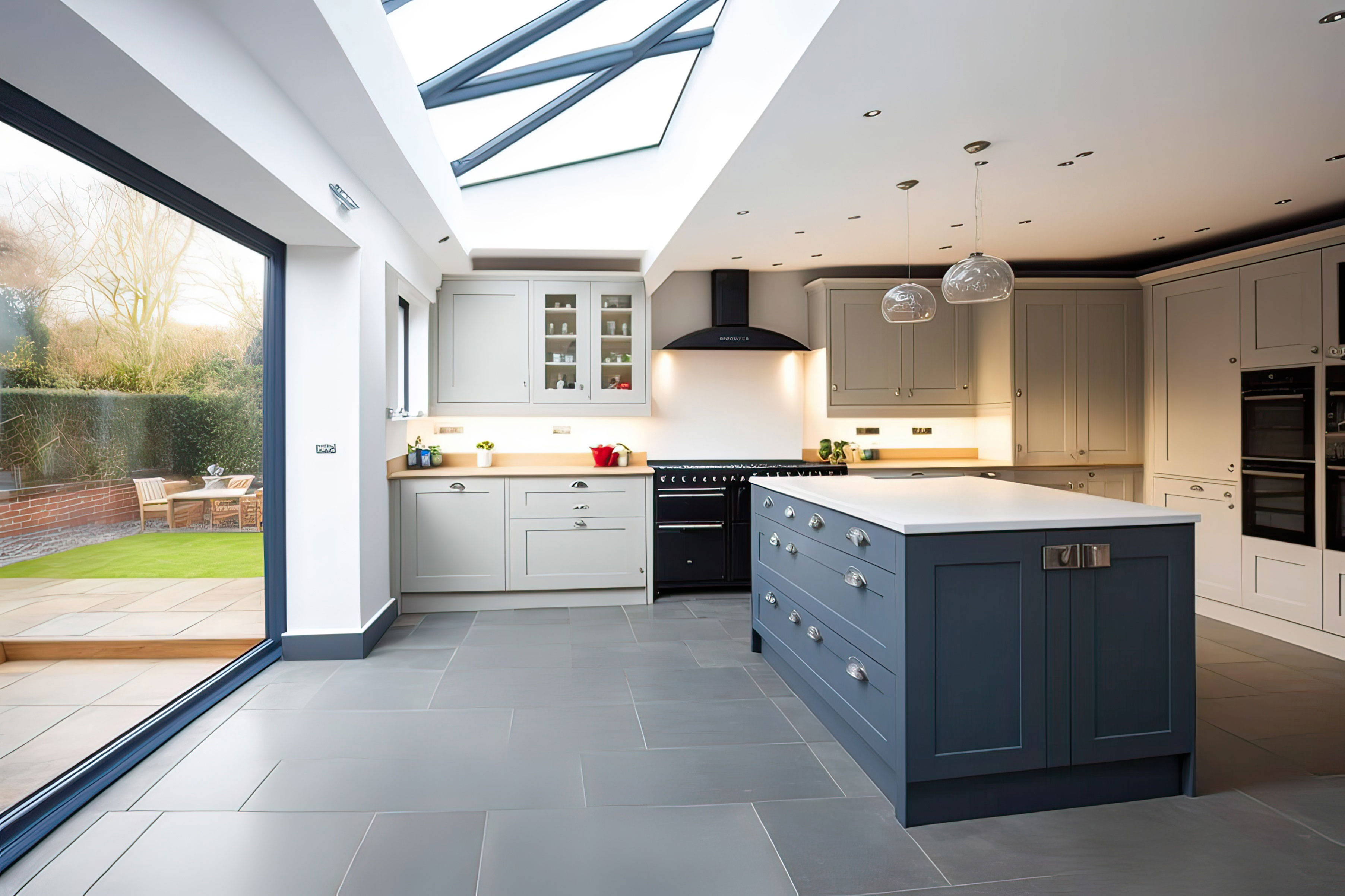 Vue de l'intérieur d'une maison dans laquelle on peut voir un puit de lumière et une cuisine aménagée avec un ilot central