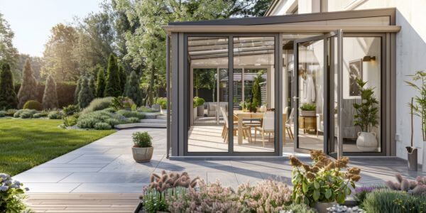 Terrasse couverte avec toiture en verre