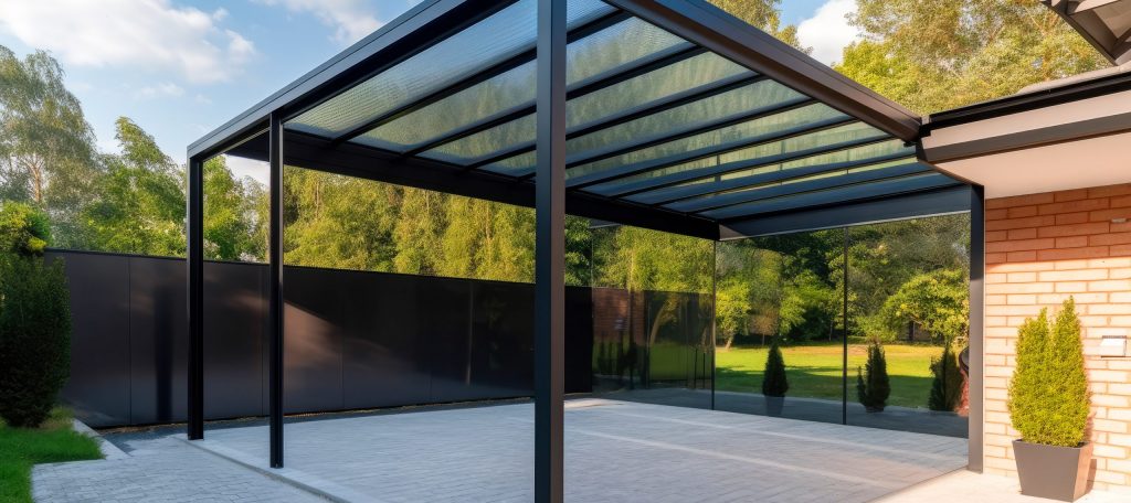 Modern steel carport in a family home. Modern house in the back. Generative ai.