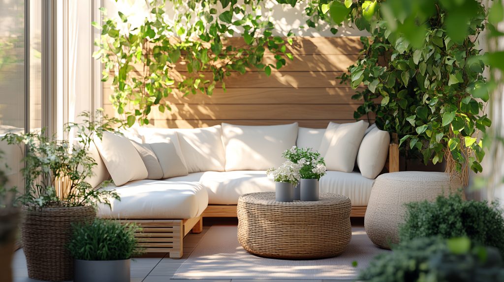 photo de l'intérieur d'une terrasse couverte avec un canapé d'angle et de la végétation autour