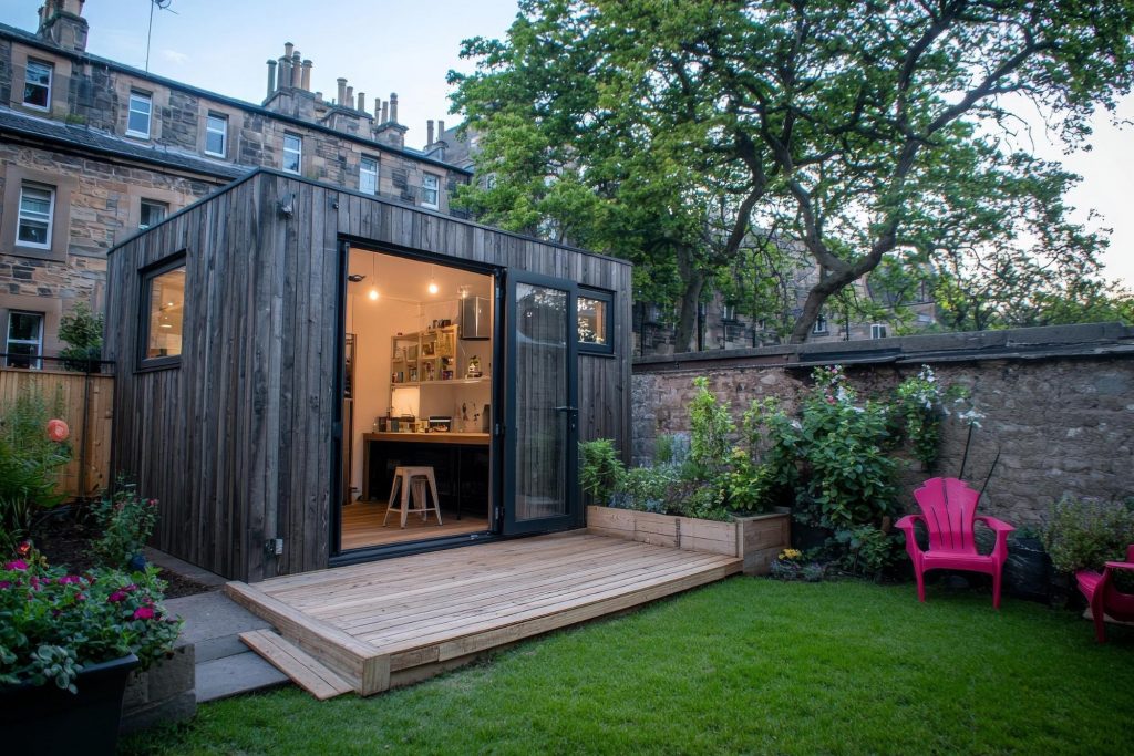 Vue intérieure d'une extension lumineuse dans laquelle est aménagée un bureau