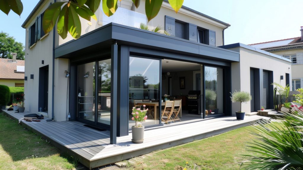 Vue depuis un jardin d'une maison avec une véranda en aluminium noir