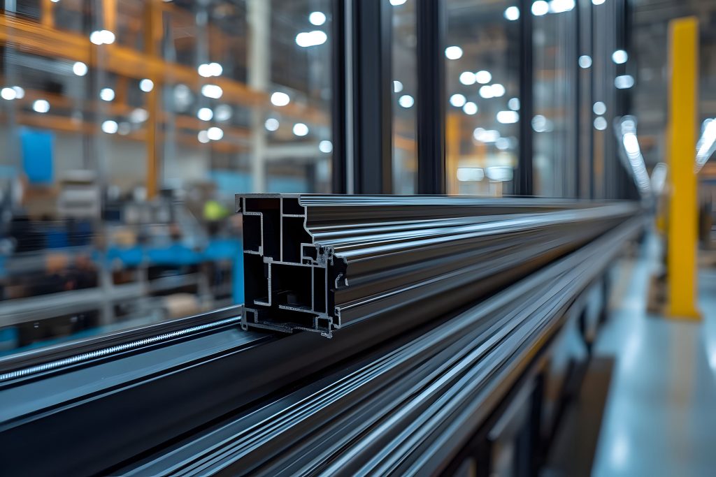 Photo d'un montant en aluminium noir de veranda dans un atelier de fabrication Vérandhalia