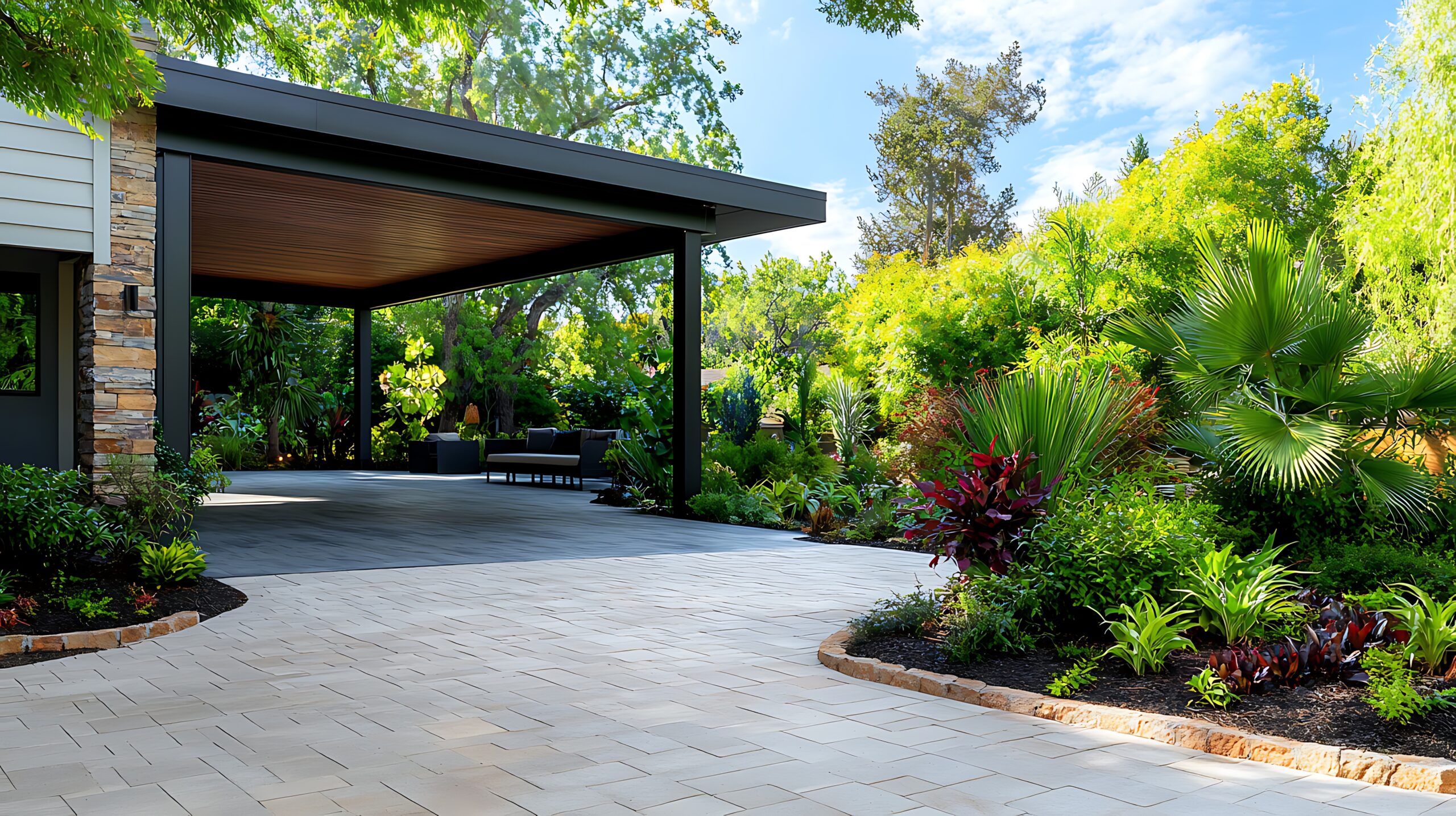 Terrasse couverte avec carport intégré