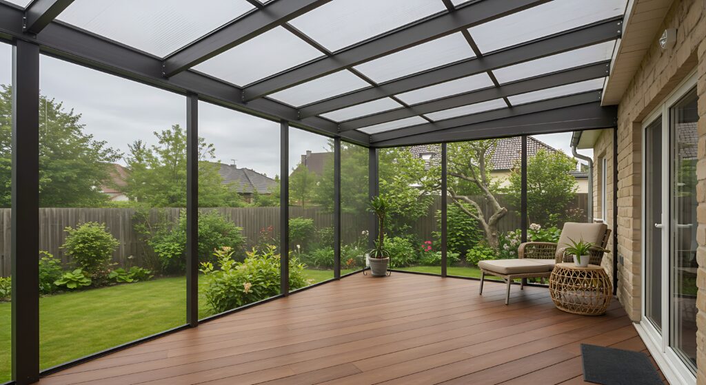 Terrasse couverte avec toiture en verre