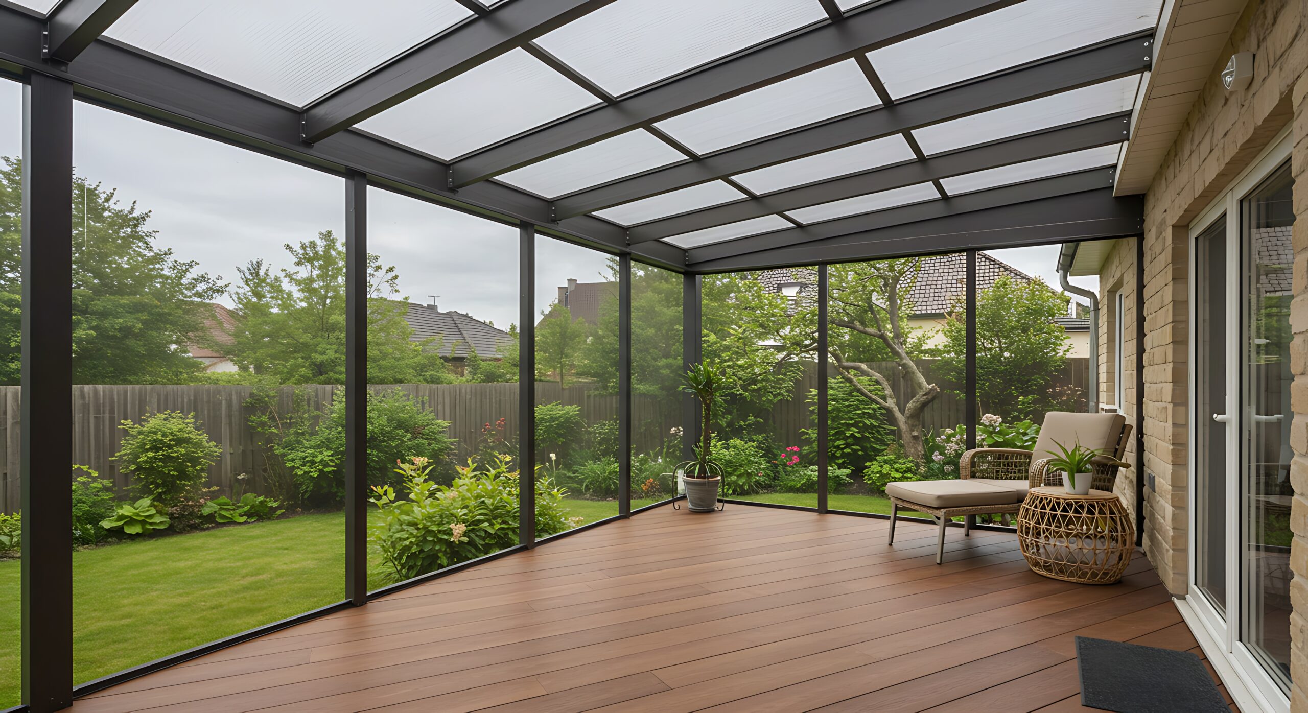 Terrasse couverte avec toiture en verre