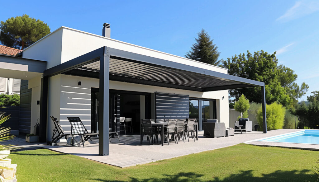Terrasse couverte par une pergola bioclimatique vu depuis un jardin de maison