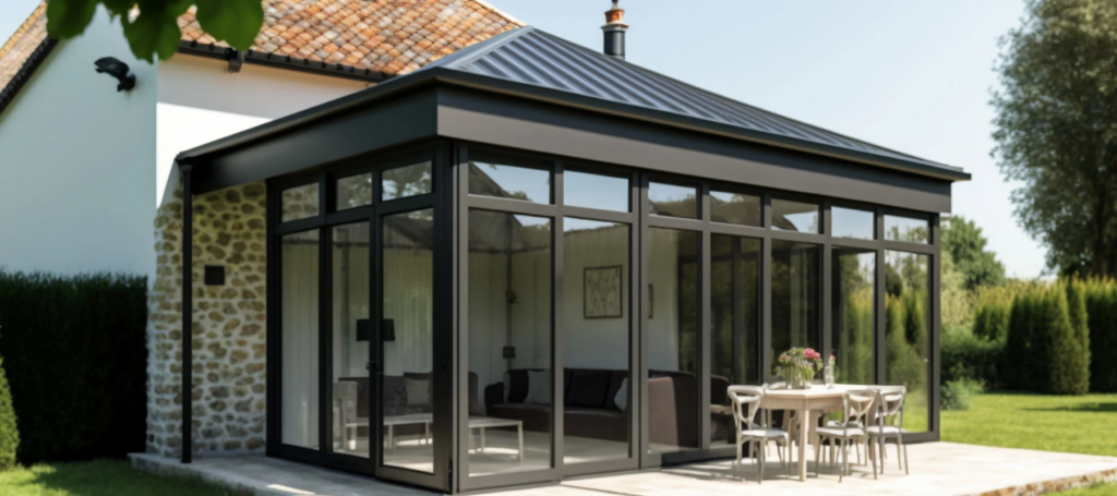 Photo depuis une jardin d'une véranda sur mesure