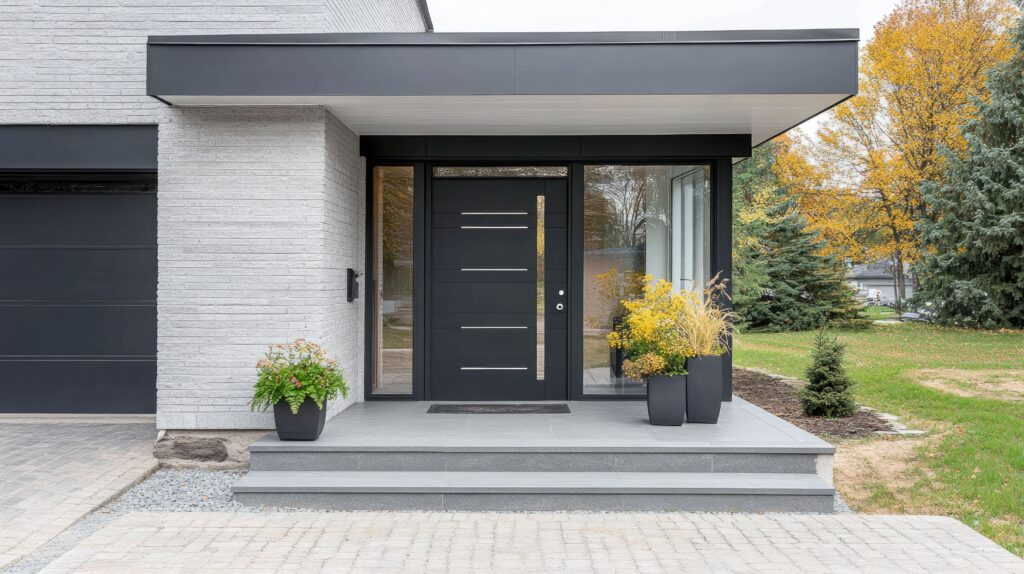 Photo de l'extérieur d'une maison, face à une porte d'entrée en aluminium
