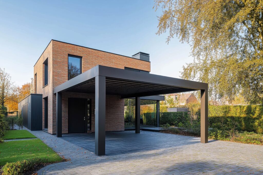 Photo d'un carport double en aluminium adossé à une maison
